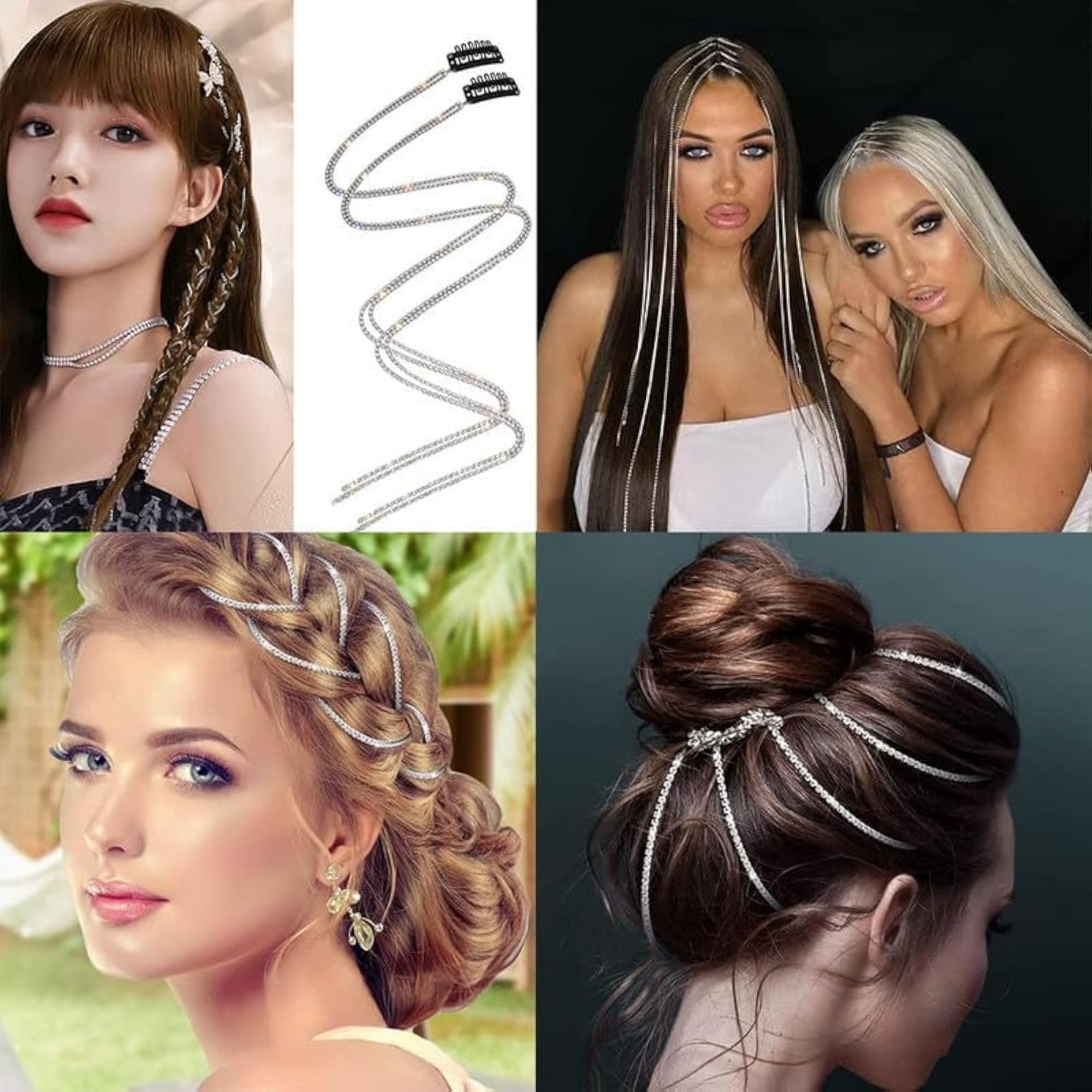 4 pcs Rhinestone Hair Chains, Silver Crystal Punk Hair Clips